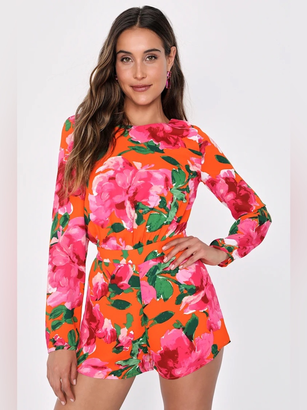 Lulus Sweetest Song Orange Floral Backless Long Sleeve Romper Small NWT